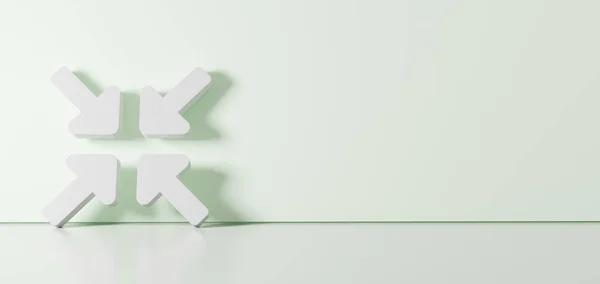 3d weergave van wit symbool van comprimeren pijlen pictogram leunend op kleur muur met vloerreflectie met lege ruimte aan de rechterkant — Stockfoto
