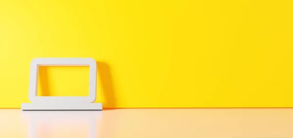 コンピュータアイコンの白いシンボルの3Dレンダリング右側に空のスペースと床の反射と色の壁に傾いている — ストック写真