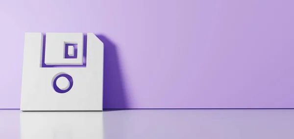 Representación 3D del símbolo blanco del icono del disquete apoyado en la pared de color con reflejo del suelo con espacio vacío en el lado derecho —  Fotos de Stock