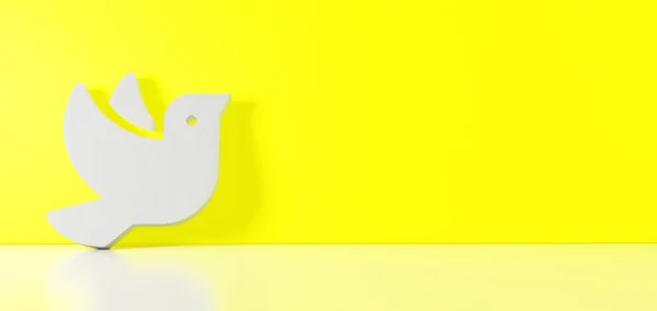 3D rendering of white symbol of dove icon leaning on color wall with floor reflection with empty space on right side — Stock Photo, Image