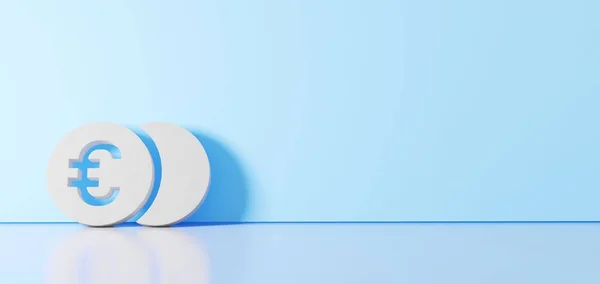 Representación en 3D del símbolo blanco del icono del euro apoyado en la pared de color con reflejo del suelo con espacio vacío en el lado derecho — Foto de Stock