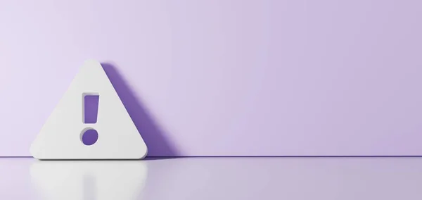 3D-Darstellung des weißen Symbols des Ausrufedreiecks, angelehnt an eine farbige Wand mit Bodenreflexion mit Leerraum auf der rechten Seite — Stockfoto