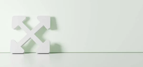 Representación 3D del símbolo blanco del icono de las flechas expandidas apoyado en la pared de color con reflejo del suelo con espacio vacío en el lado derecho —  Fotos de Stock