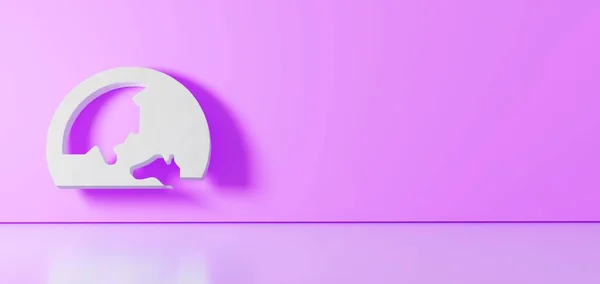 Rendering 3D del simbolo bianco del globo icona asiatica appoggiata sulla parete a colori con riflesso del pavimento con spazio vuoto sul lato destro — Foto Stock