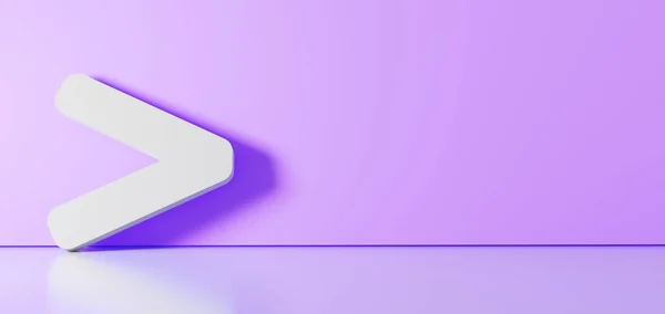 Representación en 3D del símbolo blanco de mayor que el icono apoyado en la pared de color con reflejo del suelo con espacio vacío en el lado derecho —  Fotos de Stock