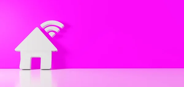 3D рендеринг белого символа дома Wi-Fi иконка опираясь на цветную стену с отражением пола с пустым пространством на правой стороне — стоковое фото