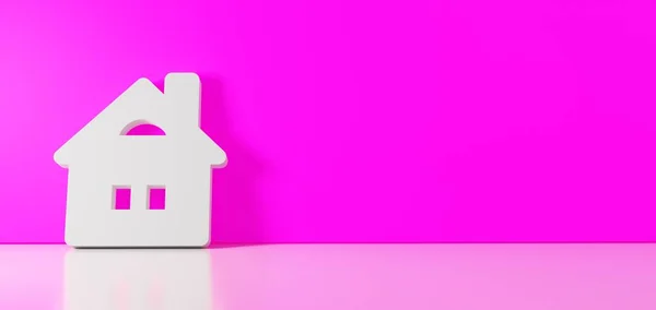 3D рендеринг белого символа иконки дома, опирающейся на цветную стену с отражением пола с пустым пространством справа — стоковое фото