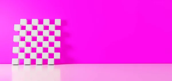 Rendering 3D del simbolo bianco dell'icona della scacchiera appoggiata sulla parete a colori con riflesso del pavimento con spazio vuoto sul lato destro — Foto Stock