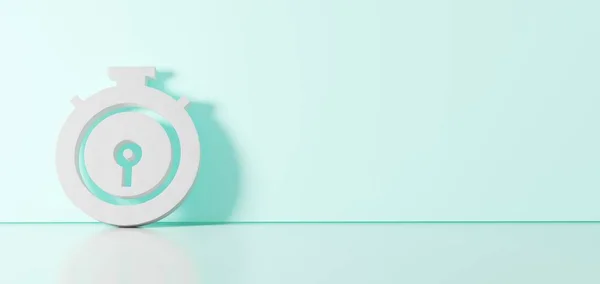 3D-Wiedergabe des weißen Symbols des Chronometersymbols, angelehnt an eine farbige Wand mit Bodenreflexion mit Leerraum auf der rechten Seite — Stockfoto