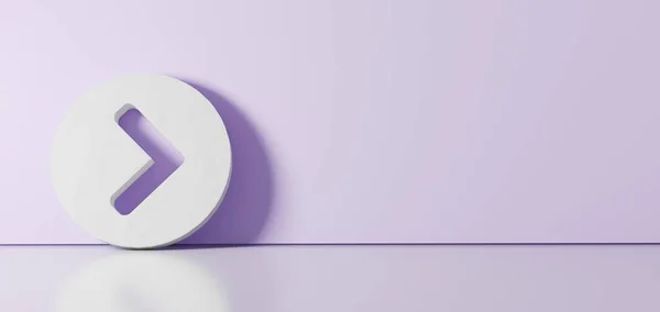 Representación 3D del símbolo blanco del círculo de Chevron icono derecho apoyado en la pared de color con la reflexión del suelo con el espacio vacío en el lado derecho —  Fotos de Stock