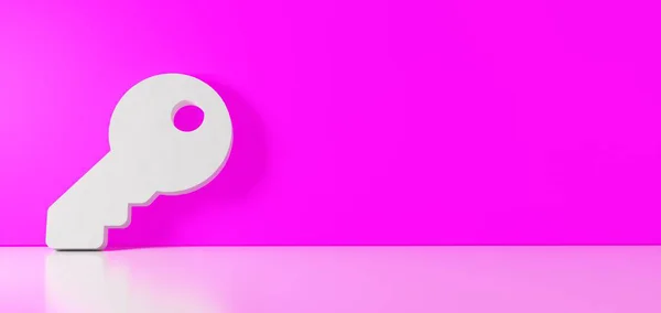 Rendering 3D del simbolo bianco dell'icona chiave appoggiata sulla parete a colori con riflesso del pavimento con spazio vuoto sul lato destro — Foto Stock