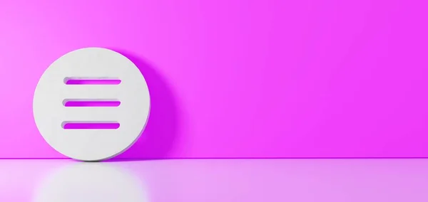 Representación 3D del símbolo blanco del icono del menú apoyado en la pared de color con reflejo del suelo con espacio vacío en el lado derecho —  Fotos de Stock