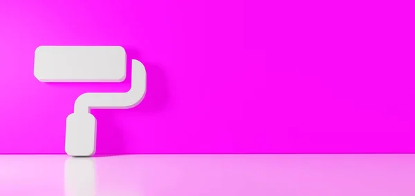3D рендеринг белого символа значка ролика краски, опирающегося на цветную стену с отражением пола с пустым пространством с правой стороны — стоковое фото