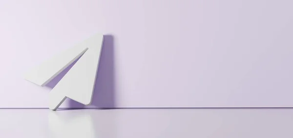 Renderização 3D do símbolo branco do ícone do plano de papel apoiado na parede colorida com reflexão no chão com espaço vazio no lado direito — Fotografia de Stock