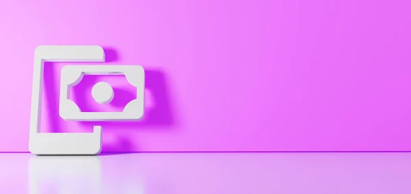 Representación 3D del símbolo blanco del icono del método de pago apoyado en la pared de color con reflejo del suelo con espacio vacío en el lado derecho —  Fotos de Stock