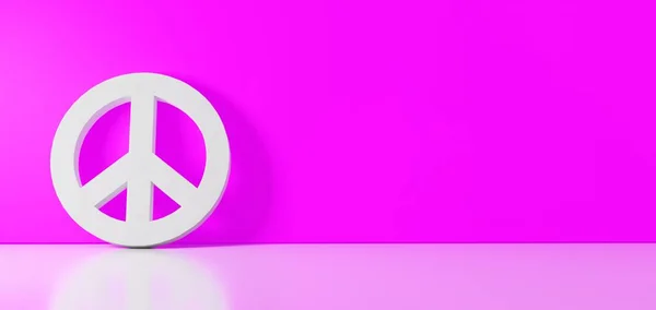 3D rendering of white symbol of peace icon leaning on color wall with floor reflection with empty space on right side — 스톡 사진