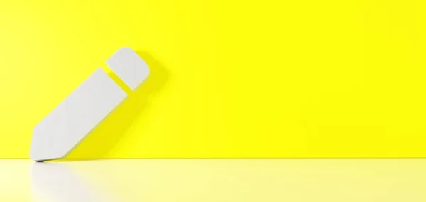Representación 3D del símbolo blanco del icono de la pluma apoyado en la pared de color con reflejo del suelo con espacio vacío en el lado derecho —  Fotos de Stock
