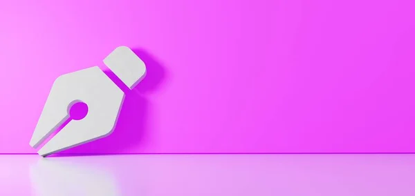 Rendering 3D del simbolo bianco dell'icona pennino pennino appoggiato sulla parete a colori con riflesso del pavimento con spazio vuoto sul lato destro — Foto Stock