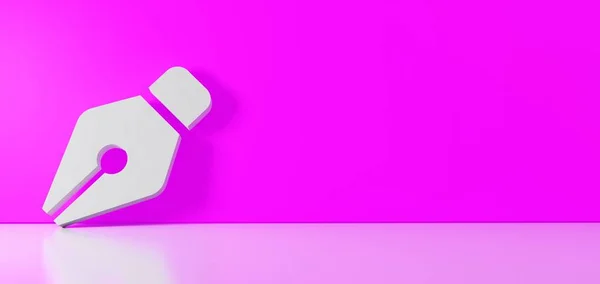 3D vykreslení bílého symbolu ikony pera s hrotem, opírající se o barevnou stěnu s odražením podlahy s prázdným prostorem na pravé straně — Stock fotografie