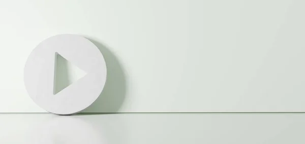 3d weergave van het witte symbool van de afspeelknop pictogram leunen op kleur muur met vloerreflectie met lege ruimte aan de rechterkant — Stockfoto