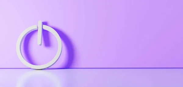 3D renderização do símbolo branco do ícone de poder inclinado na parede de cor com reflexão chão com espaço vazio no lado direito — Fotografia de Stock