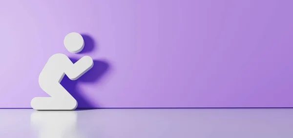 Renderização 3D do símbolo branco do ícone de oração inclinado na parede de cores com reflexão no chão com espaço vazio no lado direito — Fotografia de Stock