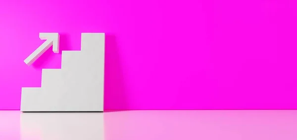 3D визуализация белого символа продвижения иконки опираясь на цветную стену с отражением пола с пустым пространством с правой стороны — стоковое фото