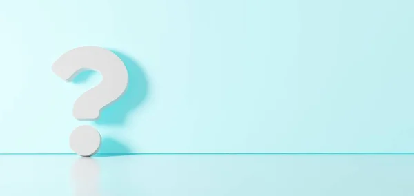 3D renderização de símbolo branco do ícone de pergunta inclinado na parede de cor com reflexão chão com espaço vazio no lado direito — Fotografia de Stock