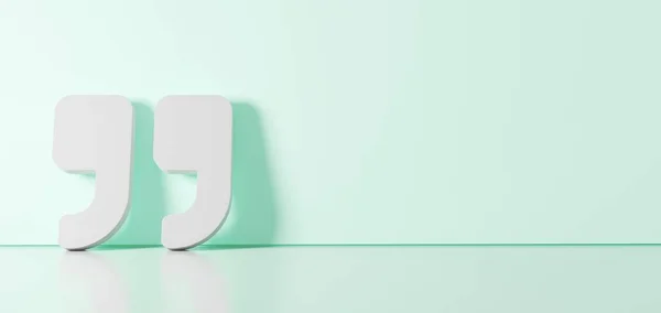 Representación en 3D del símbolo blanco del icono de la cita derecha apoyado en la pared de color con reflejo del suelo con espacio vacío en el lado derecho —  Fotos de Stock