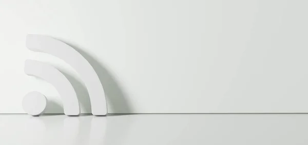 Representación 3D del símbolo blanco del icono de RSS apoyado en la pared de color con reflejo del suelo con espacio vacío en el lado derecho —  Fotos de Stock