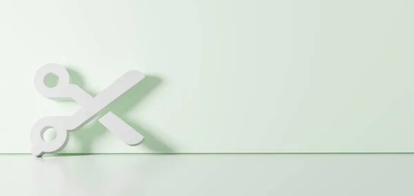 3D rendering of white symbol of scissors icon leaning on color wall with floor reflection with empty space on right side — Stock Photo, Image