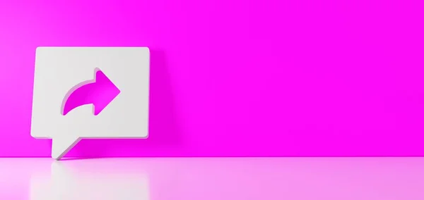 Renderização 3D do símbolo branco do ícone de compartilhamento apoiado na parede de cores com reflexão no chão com espaço vazio no lado direito — Fotografia de Stock