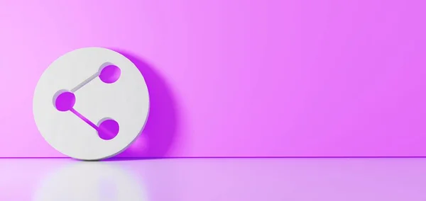 3D-Rendering des weißen Symbols des Share-Symbols, das sich an eine farbige Wand lehnt, mit Bodenreflexion mit Leerraum auf der rechten Seite — Stockfoto