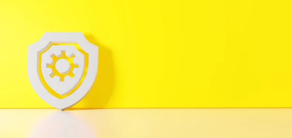 Representación 3D del símbolo blanco del icono del escudo apoyado en la pared de color con reflejo del suelo con espacio vacío en el lado derecho —  Fotos de Stock