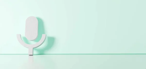 3D-Rendering des weißen Symbols des Soundsymbols lehnt sich an die Wand mit Bodenreflexion mit Leerraum auf der rechten Seite — Stockfoto