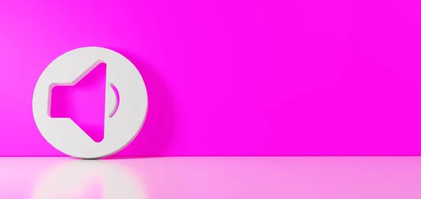 Renderização 3D do símbolo branco do ícone do alto-falante apoiado na parede de cores com reflexão no chão com espaço vazio no lado direito — Fotografia de Stock