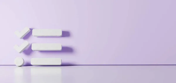 Representación en 3D del símbolo blanco del icono de tareas apoyado en la pared de color con reflejo del suelo con espacio vacío en el lado derecho — Foto de Stock
