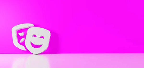 Representación 3D del símbolo blanco del icono de máscaras de teatro apoyado en la pared de color con reflejo del suelo con espacio vacío en el lado derecho — Foto de Stock