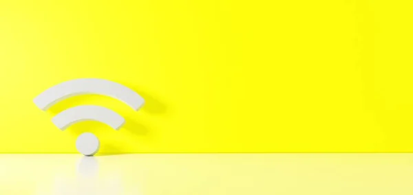 Representación 3D del símbolo blanco del icono Wi-Fi apoyado en la pared de color con reflejo del suelo con espacio vacío en el lado derecho —  Fotos de Stock