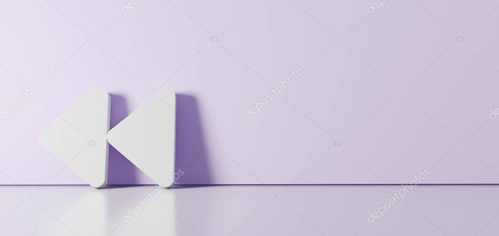3D rendering of white symbol of backward icon leaning on color wall with floor reflection with empty space on right side