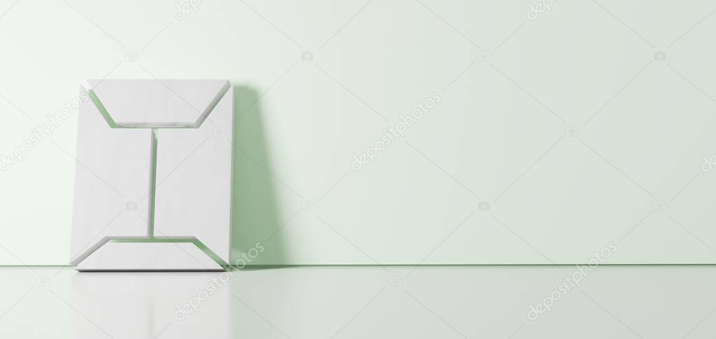 3D rendering of white symbol of sealed envelope icon leaning on color wall with floor reflection with empty space on right side