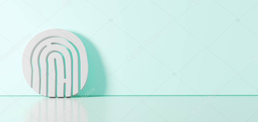 3D rendering of white symbol of fingerprint09 icon leaning on color wall with floor reflection with empty space on right side
