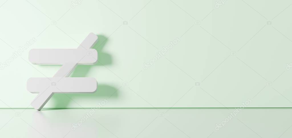 3D rendering of white symbol of not equal icon leaning on color wall with floor reflection with empty space on right side