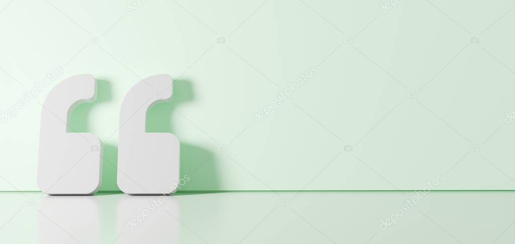 3D rendering of white symbol of quote left icon leaning on color wall with floor reflection with empty space on right side