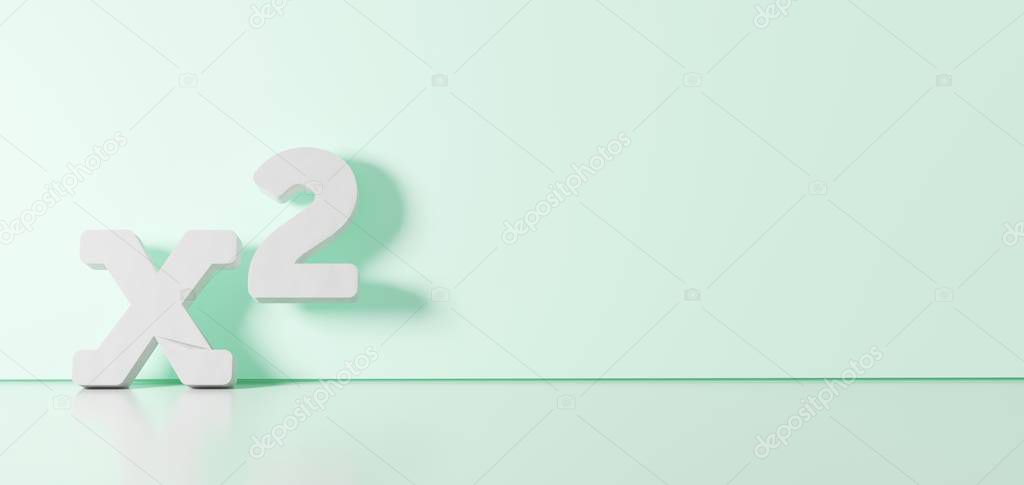 3D rendering of white symbol of superscript icon leaning on color wall with floor reflection with empty space on right side