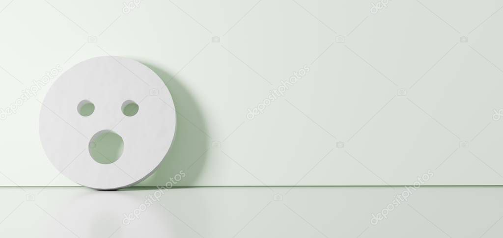 3D rendering of white symbol of surprise icon leaning on color wall with floor reflection with empty space on right side