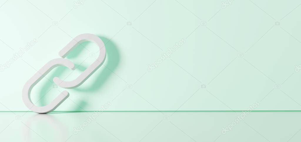 3D rendering of white symbol of unlink icon leaning on color wall with floor reflection with empty space on right side