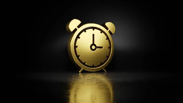 Gold metal symbol of alarm clock 3D rendering with blurry reflection on floor with dark background — 스톡 사진