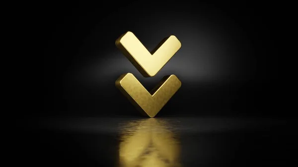 Gold metal symbol of angle double down 3D rendering with blurry reflection on floor with dark background — Stock Photo, Image