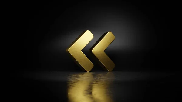 gold metal symbol of angle double left 3D rendering with blurry reflection on floor with dark background